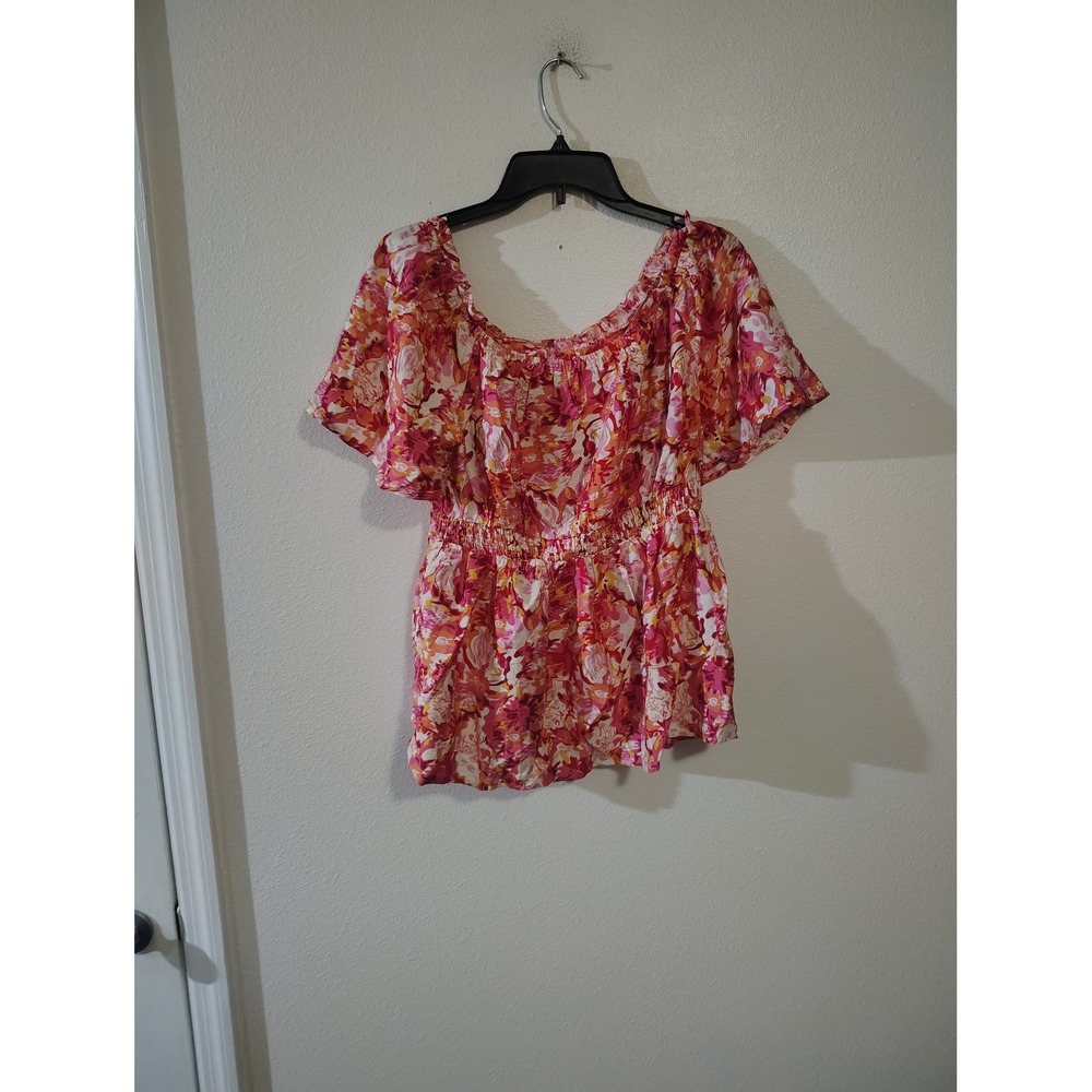Bebonnie Floral Peplum Blouse Pink Orange Smocked Waist Off Shoulder Top Large